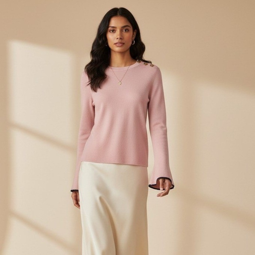 Tory Burch Kimberly Sweater Pink Merino‎ Wool Bell Sleeve Button Shoulder XS